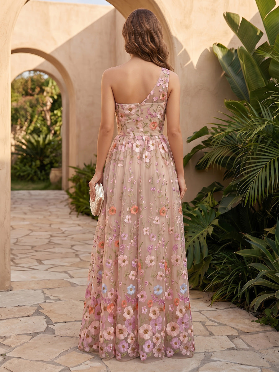 Tulle A Line One Shoulder Floral Embroidery Ruched Formal Dresses with Slit