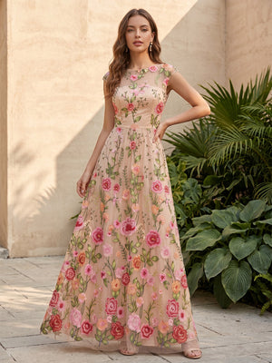 Tulle A Line Scoop Neck Floral Embroidery Ruched Formal Dresses