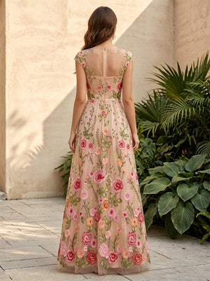 Tulle A Line Scoop Neck Floral Embroidery Ruched Formal Dresses