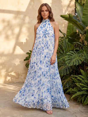 Chiffon A Line Halter Pleats Floral Print Formal Dresses