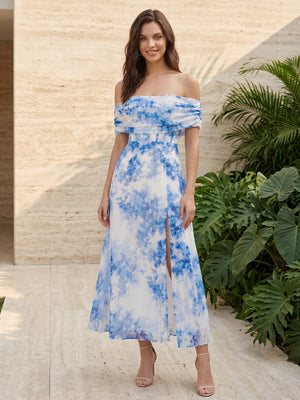Chiffon A Line Off the Shoulder Floral Print Ruched Formal Dresses with Slit