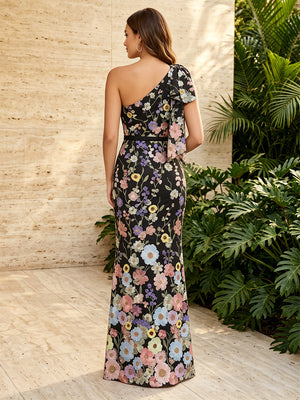 Tulle Mermaid One Shoulder Floral Embroidery Corset Formal Dresses with Bow