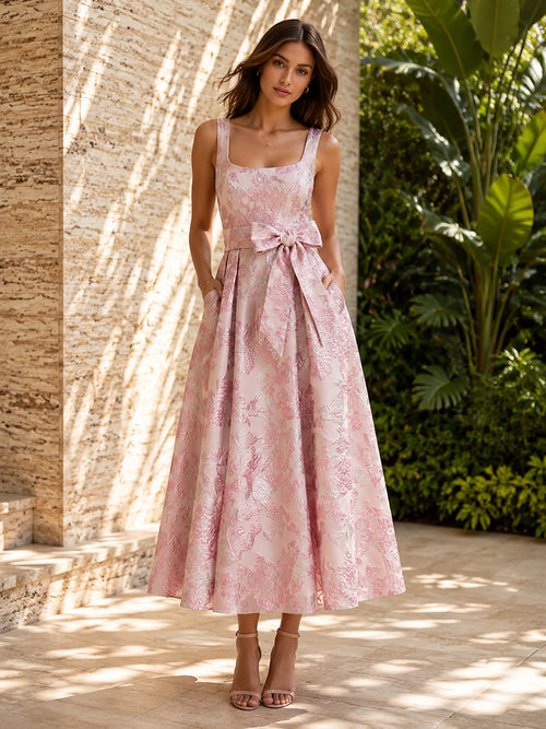 Jacquard A Line Square Neck Bow Ruched Formal Dresses with Pockets