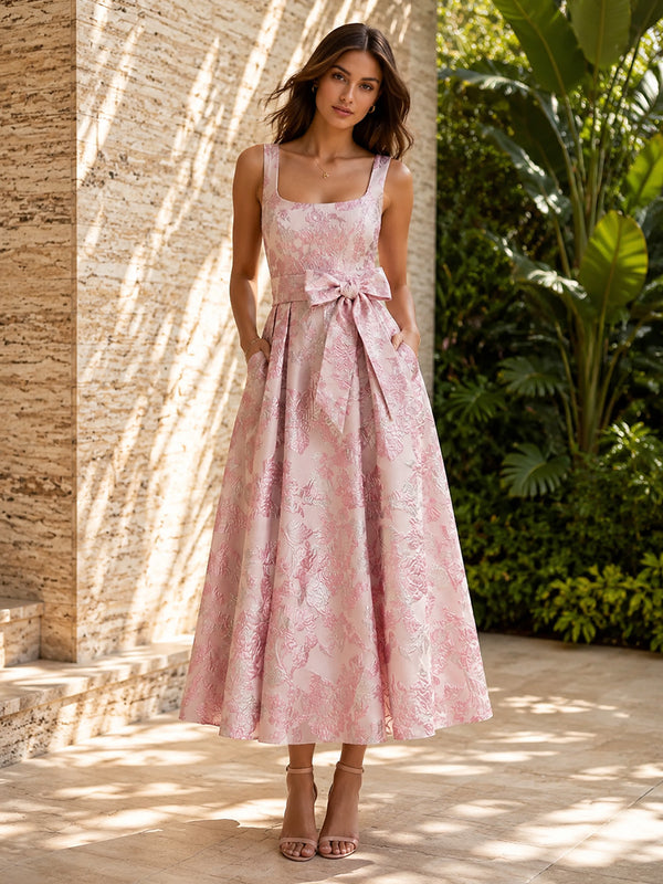 Jacquard A Line Square Neck Bow Ruched Formal Dresses with Pockets
