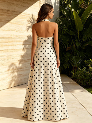 Stretch Mesh A Line Halter Polka Dot Corset Formal Dresses with Slit