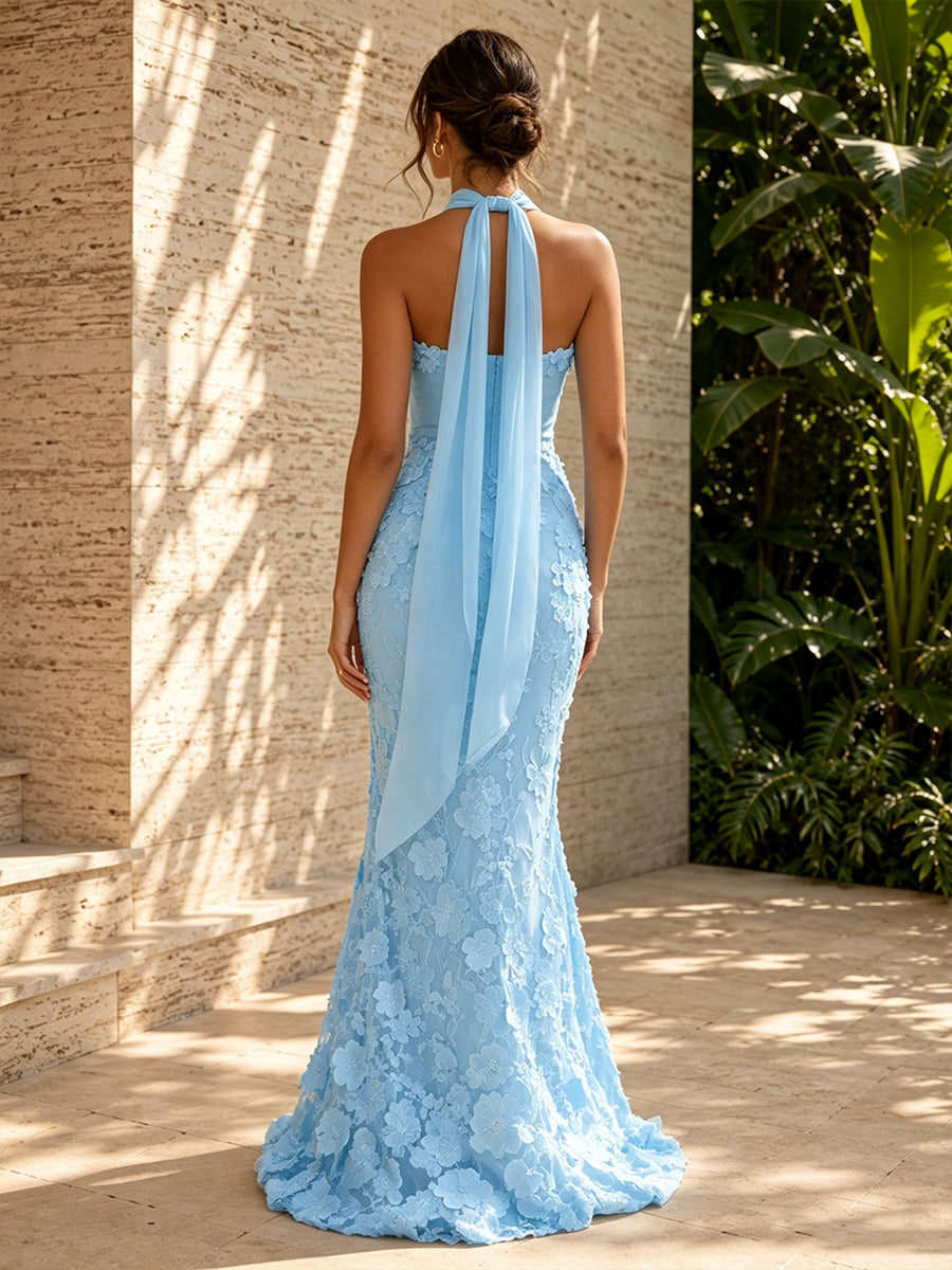 Tulle Mermaid Sweetheart 3D Flowers Corset Formal Dresses with Scarf