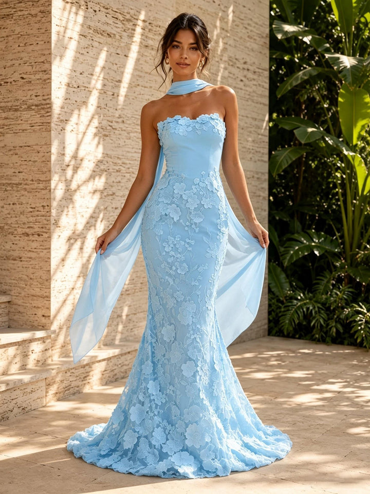 Tulle Mermaid Sweetheart 3D Flowers Formal Dresses with Scarf