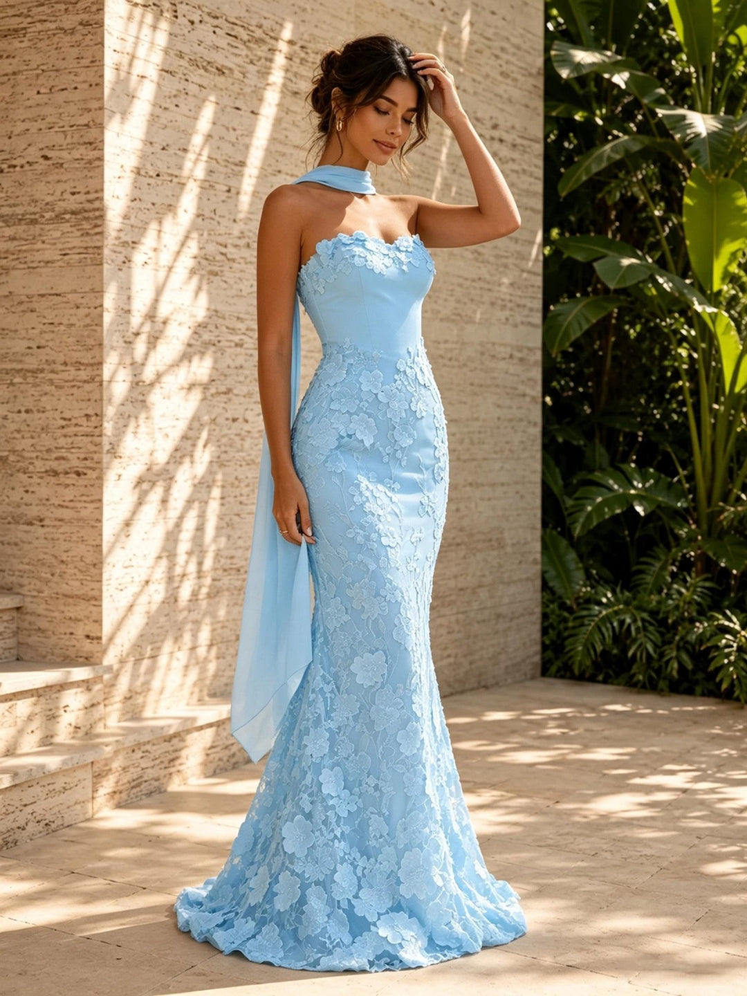 Tulle Mermaid Sweetheart 3D Flowers Formal Dresses with Scarf