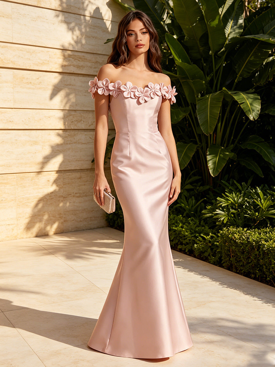 Satin Mermaid Off the Shoulder 3D Flowers Corset Formal Dresses