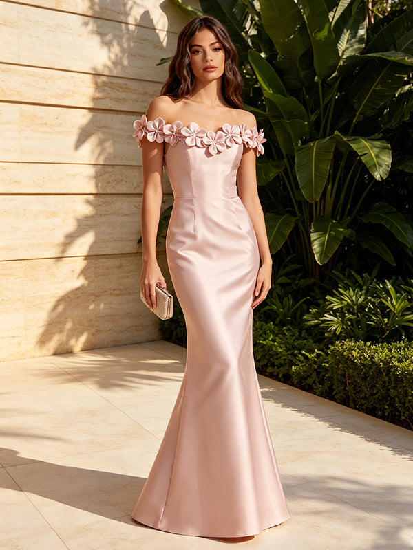 Satin Mermaid Off the Shoulder 3D Flowers Corset Formal Dresses