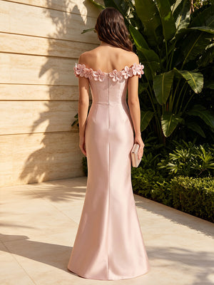Satin Mermaid Off the Shoulder 3D Flowers Corset Formal Dresses
