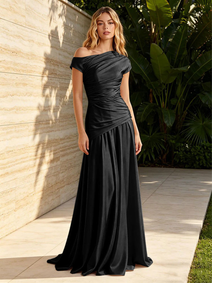 Satin Mermaid Off the Shoulder Pleats Ruched Formal Dresses for Women