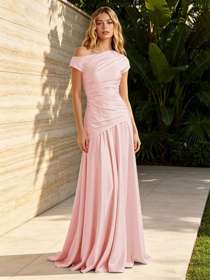 Satin Mermaid Off the Shoulder Pleats Ruched Formal Dresses for Women