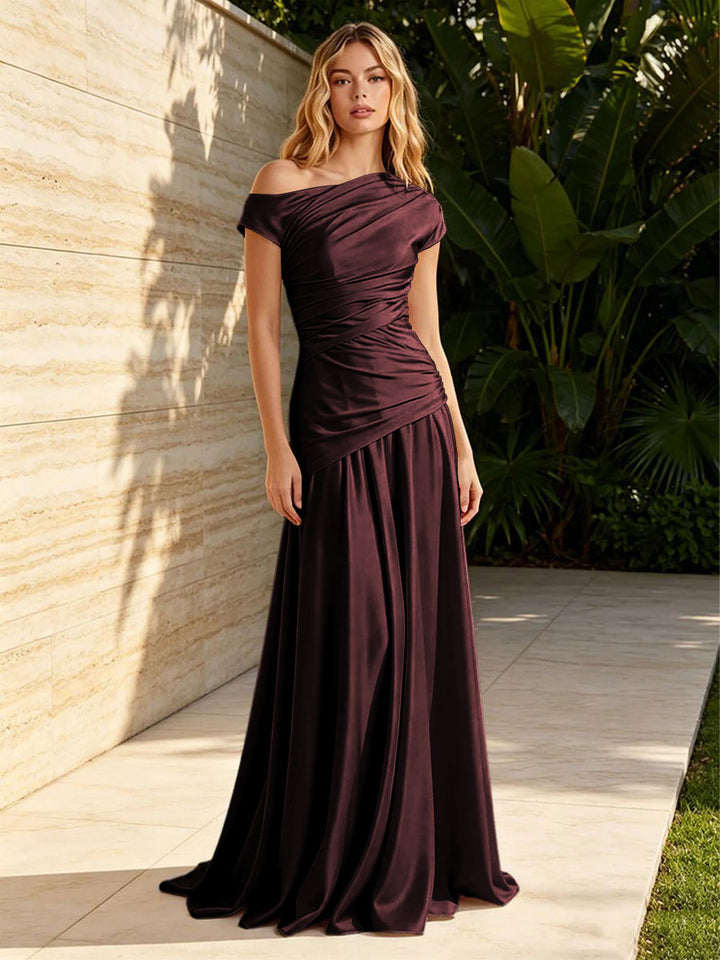 Satin Mermaid Off the Shoulder Pleats Ruched Formal Dresses for Women