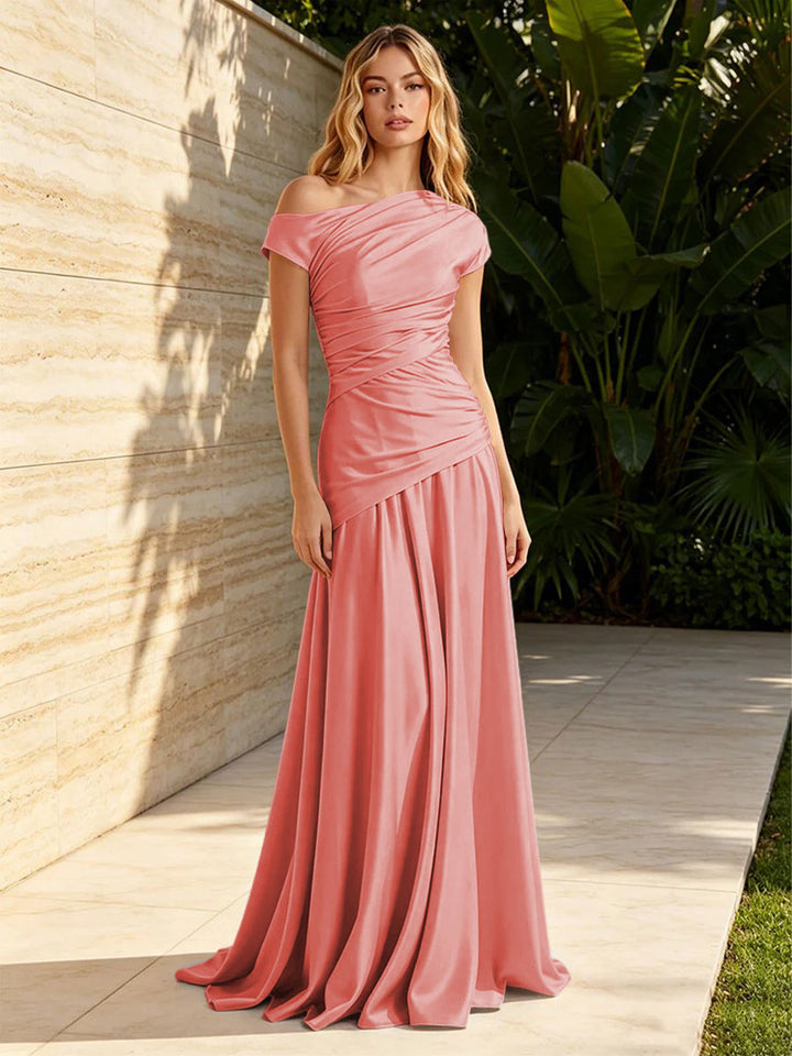 Satin Mermaid Off the Shoulder Pleats Ruched Formal Dresses for Women