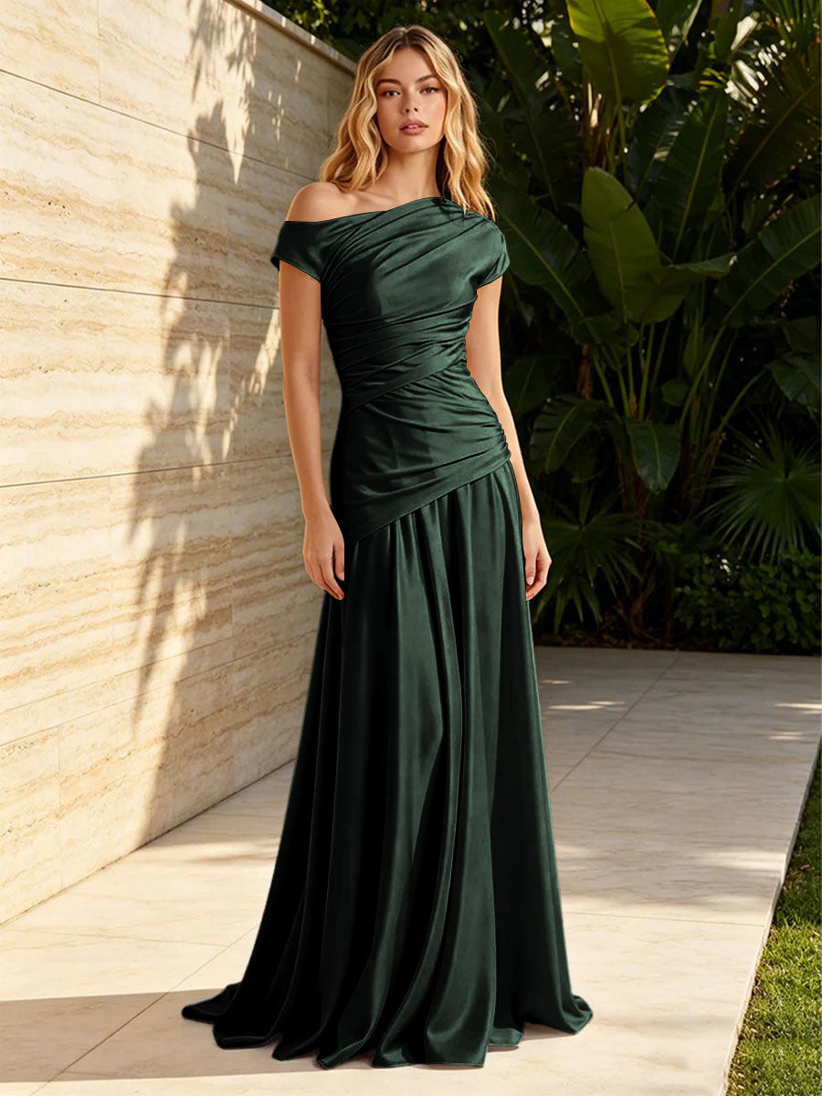 Satin Mermaid Off the Shoulder Pleats Ruched Formal Dresses for Women