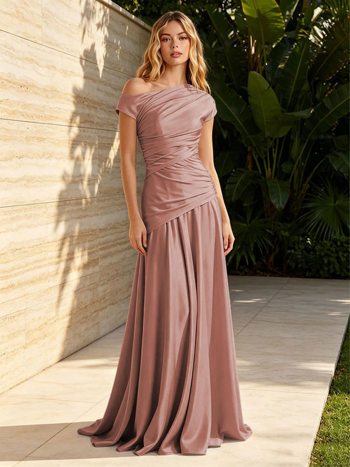 Satin Mermaid Off the Shoulder Pleats Ruched Formal Dresses for Women