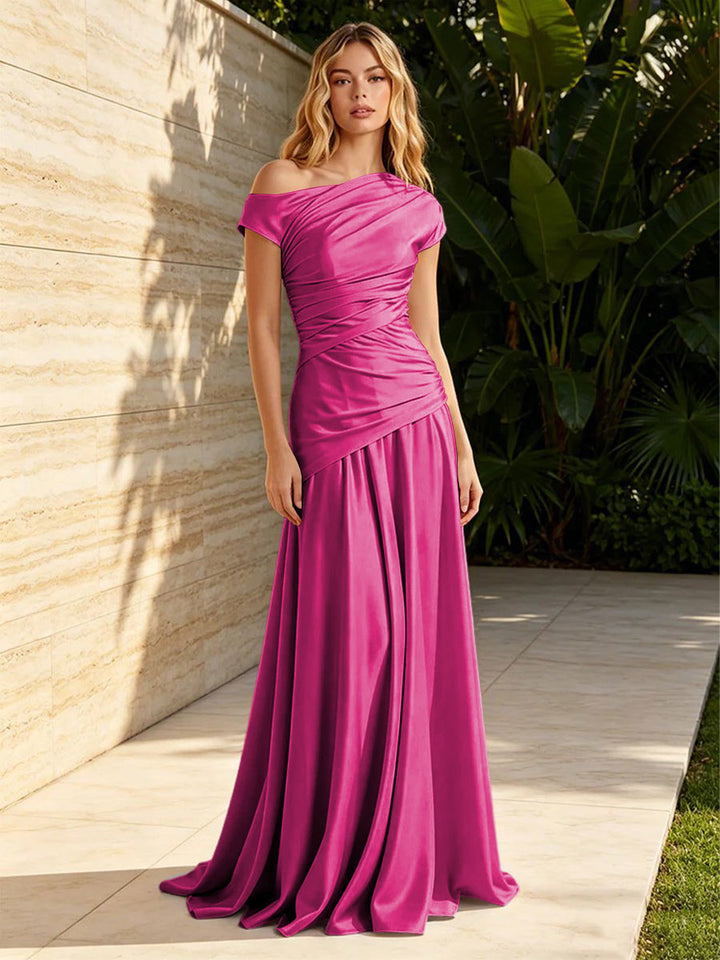 Satin Mermaid Off the Shoulder Pleats Ruched Formal Dresses for Women