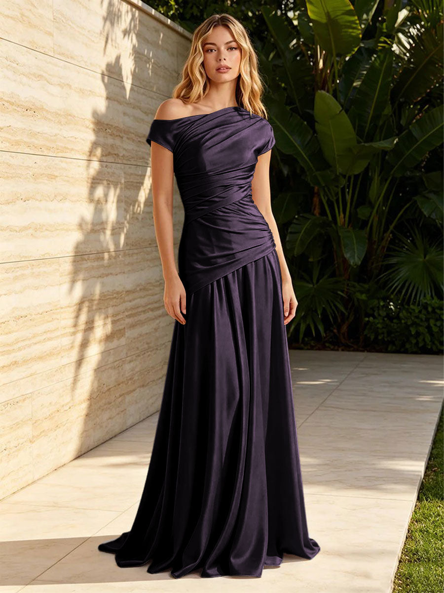 Satin Mermaid Off the Shoulder Pleats Ruched Formal Dresses for Women