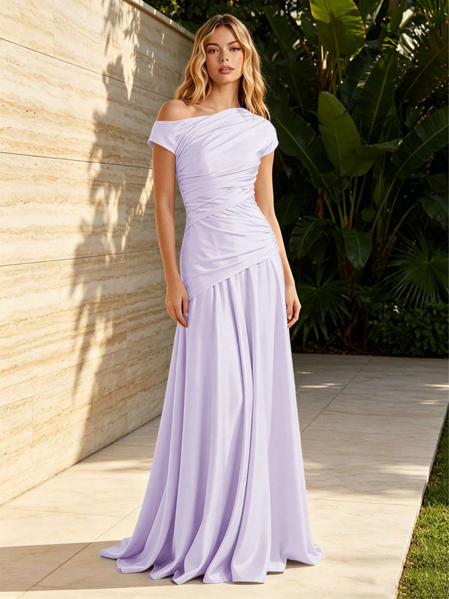 Satin Mermaid Off the Shoulder Pleats Ruched Formal Dresses for Women