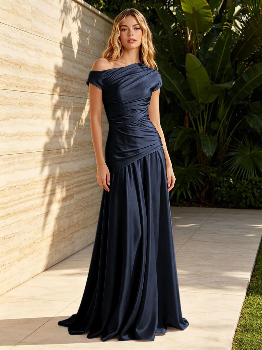 Satin Mermaid Off the Shoulder Pleats Ruched Formal Dresses for Women