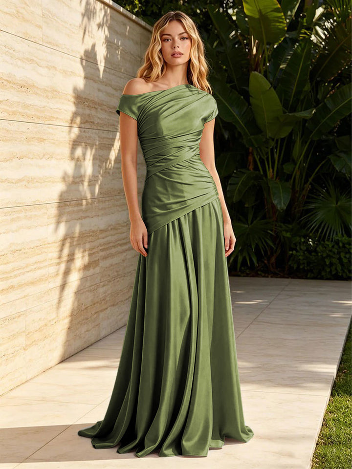Satin Mermaid Off the Shoulder Pleats Ruched Formal Dresses for Women