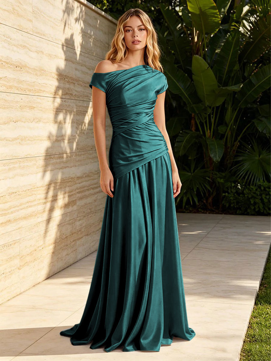 Satin Mermaid Off the Shoulder Pleats Ruched Formal Dresses for Women