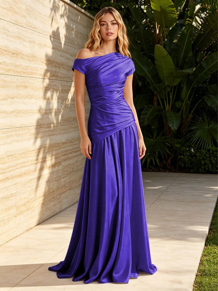 Satin Mermaid Off the Shoulder Pleats Ruched Formal Dresses for Women