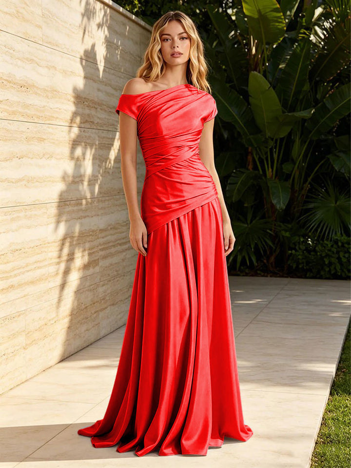 Satin Mermaid Off the Shoulder Pleats Ruched Formal Dresses for Women