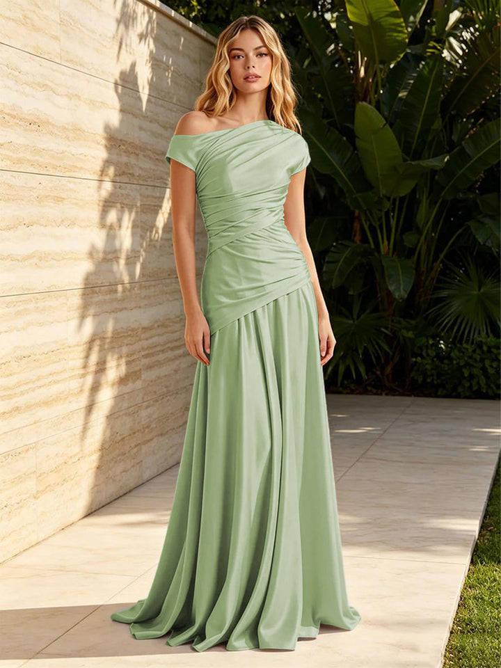 Satin Mermaid Off the Shoulder Pleats Ruched Formal Dresses for Women