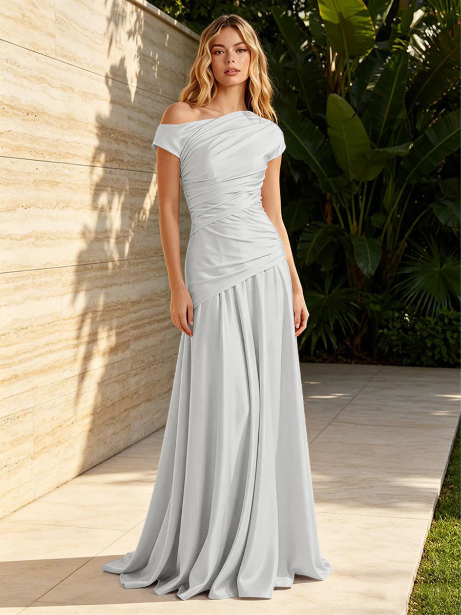 Satin Mermaid Off the Shoulder Pleats Ruched Formal Dresses for Women