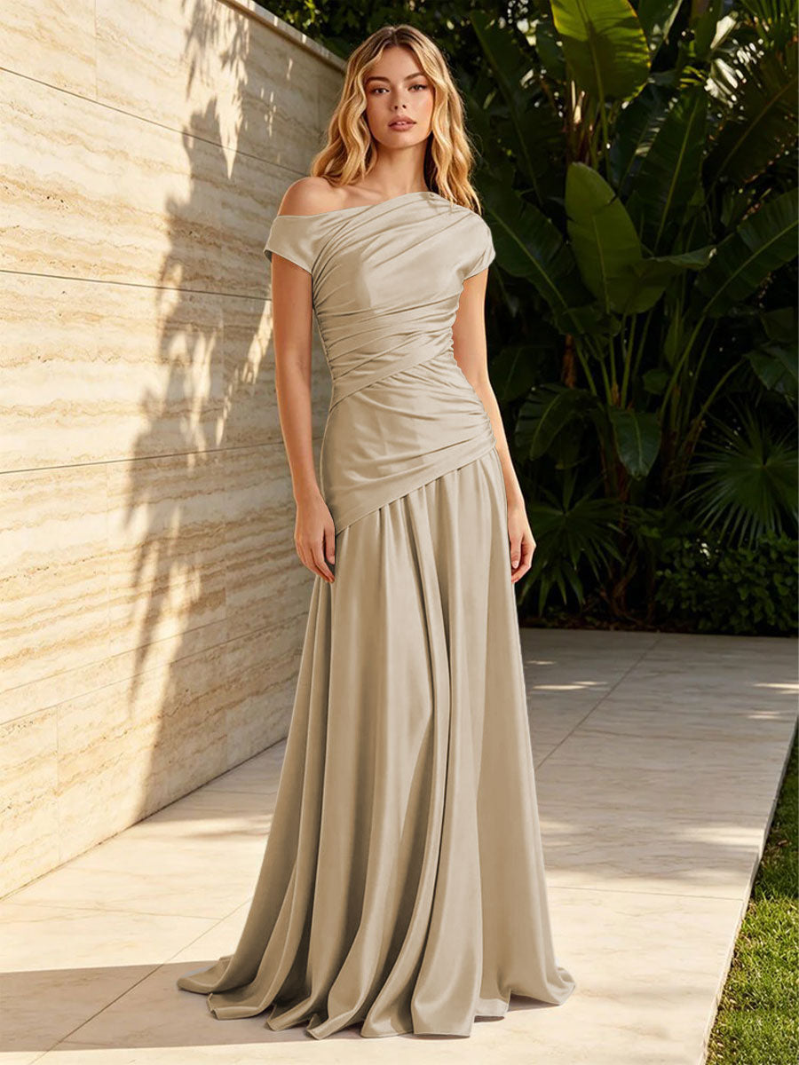 Satin Mermaid Off the Shoulder Pleats Ruched Formal Dresses for Women