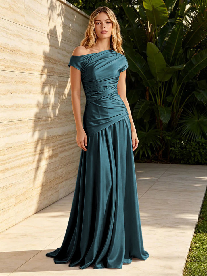 Satin Mermaid Off the Shoulder Pleats Ruched Formal Dresses for Women