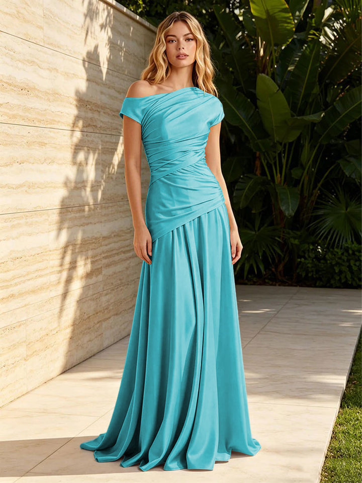 Satin Mermaid Off the Shoulder Pleats Ruched Formal Dresses for Women