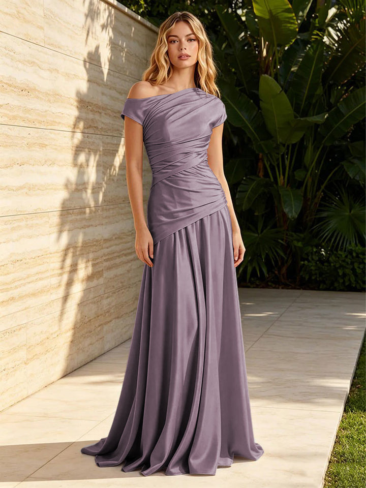 Satin Mermaid Off the Shoulder Pleats Ruched Formal Dresses for Women
