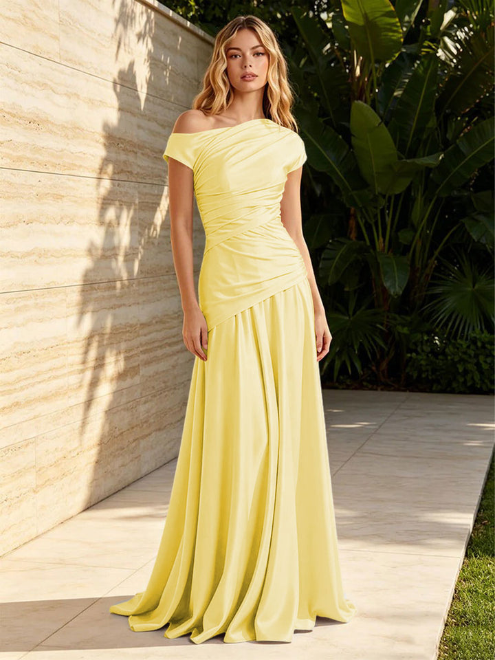 Satin Mermaid Off the Shoulder Pleats Ruched Formal Dresses for Women