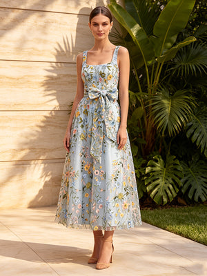 Tulle A Line Square Neck Ruched Floral Embroidery Formal Dresses with Bow