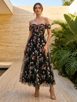 Tulle A Line Off the Shoulder Floral Embroidery Ruched Formal Dresses for Women