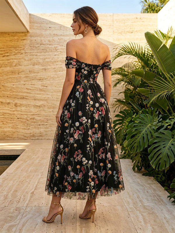 Tulle A Line Off the Shoulder Floral Embroidery Ruched Formal Dresses for Women