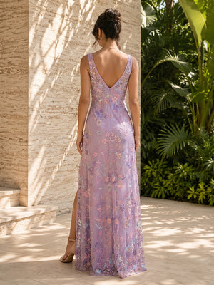 Tulle A Line V Neck Floral Embroidery Corset Formal Dresses with Slit
