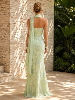 Chiffon Mermaid Strapless Simple Corset Formal Dresses with Scarf