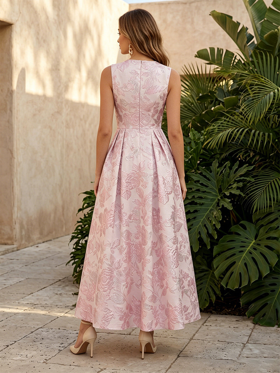 Jacquard A Line Scoop Neck Ruched Corset Formal Dresses with Pockets