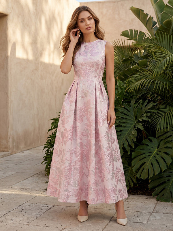 Jacquard A Line Scoop Neck Ruched Corset Formal Dresses with Pockets