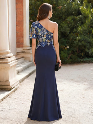 Satin Mermaid One Shoulder Corset Floral Formal Dresses