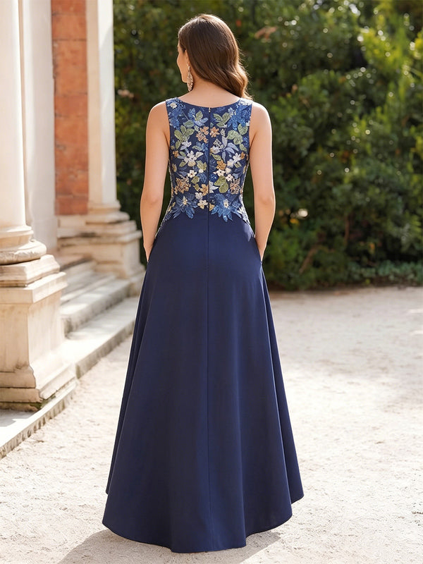 Satin A Line V Neck Corset Floral Formal Dresses with Pockets