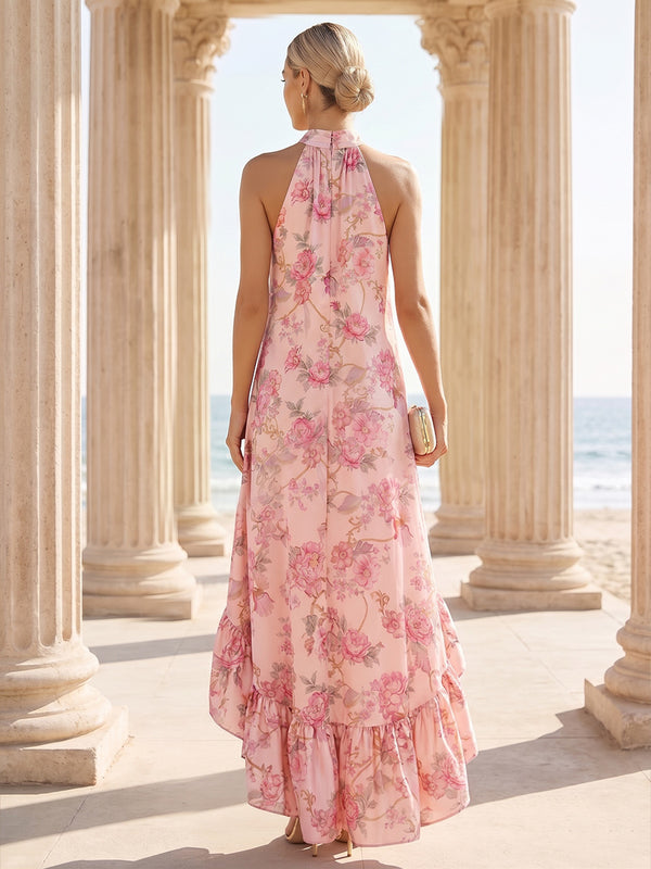 Chiffon A Line High Neck Floral Print Ruffles Formal Dresses