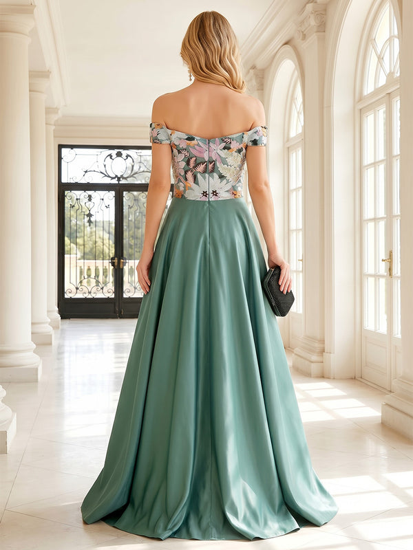 Satin A Line Off the Shoulder Ruched Floral Embroidery Formal Dresses for Women