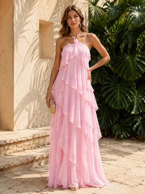 Chiffon A Line Halter Layered Ruffles Formal Dresses for Women