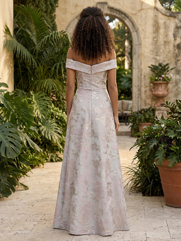Jacquard A Line Off the Shoulder Ruched Corset Formal Dresses