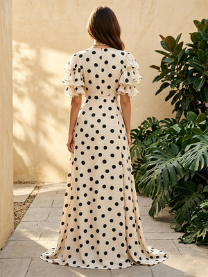 Satin A Line V Neck Ruffles Corset Formal Dresses with Polka Dots